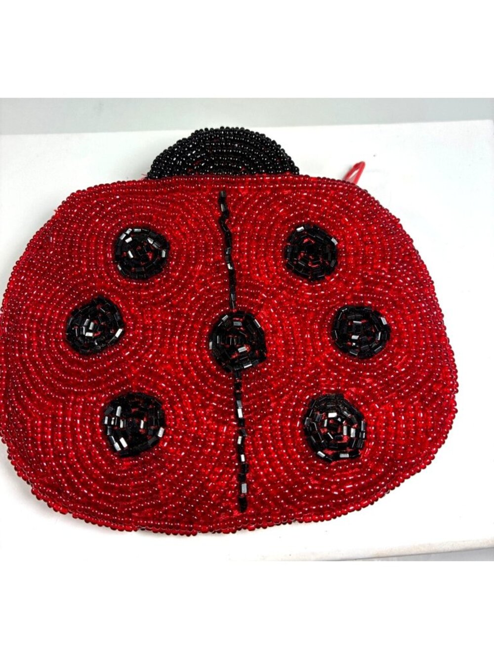 Red Black Beaded Ladybug Coin Purse Zippered Novelty Change Pouch